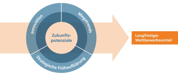 Grafik zur Business Innovation: durch die Verbindung von Innovation, Megatrends und strategischer Frühaufklärung zu nachhaltigen Wettbewerbsvorteilen.